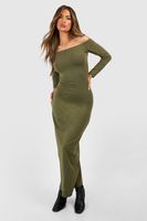 vestido maxi premium ajustado super suave con escote bardot verde