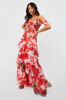 vestido petite maxi asimetrico de chifon escalonado con volante y estampado de flores pink