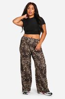 pantalon plus de pernera ancha y tela jersey con estampado de leopardo brown