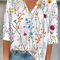 blusa estampada floral con cuello en v blusa vintage de manga 34 para primavera y otono ropa de mujer