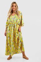 vestido plus maxi con estampado de flores y mangas super anchas amarillo