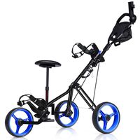 costway carrito de golf plegable con 3 ruedas y asiento mango de altura ajustable marcador paraguero freno de pie negro y azul