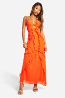 vestido maxi de chifon con volante naranja