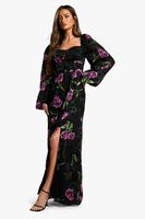 vestido maxi estilo mesonera con estampado de flores negro