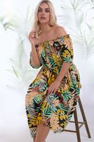 yours vestido bardot negro estampado tropical mujer curvy y tallas grandes yours