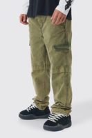 pantalon cargo elastico holgado con lavado de aceite y pernera plisada verde