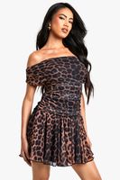 vestido mini de malla fruncido plisado con estampado de leopardo negro