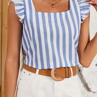 blusa estampada de rayas con cuello cuadrado blusa sin mangas con volantes casuales para primavera y verano ropa de mujer