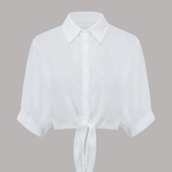 Blusa de cuello solapa de color sólido, elegante blusa corta con botones delanteros y mangas medio acampanadas con cordones para primavera y verano, ropa de mujer