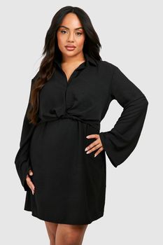 Vestido Plus Recto Martillado Con Nudo Frontal, Negro