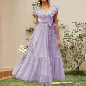 Vestido de malla con volantes, elegante vestido de cuello en V para primavera y verano, ropa de mujer