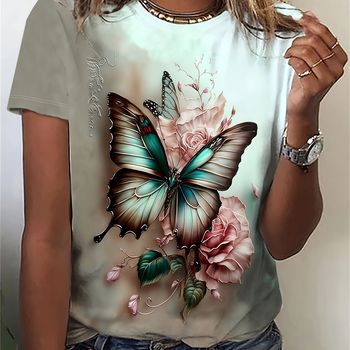 Camiseta De Cuello Redondo Con Estampado De Mariposa, Camiseta De Manga Corta Casual Para Primavera Y Verano, Ropa De Mujer