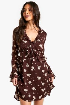 Vestido Mini De Flores Con Volante En Las Mangas, Brown