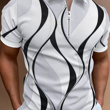 Camisa De Manga Corta Con Estampado 3D Y Cierre De Cremallera En El Cuello, Moda Masculina, Ideal Para El Verano Y Actividades Al Aire Libre