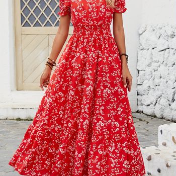 Vestido de cintura fruncida con estampado floral, elegante vestido de manga corta con escote en V para primavera y verano, ropa de mujer