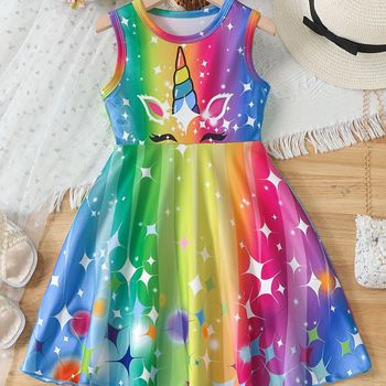 Vestido Sin Mangas Estampado De Unicornio Colorido Para Niñas, Vestido Elástico Para Salir De Fiesta