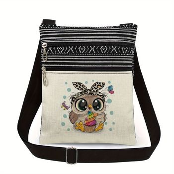 Lindo bolso bandolera con estampado de búho de dibujos animados para mujer, correa ajustable, cierre de cremallera, bolso de viaje informal con bolsillo para el teléfono