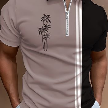 Camisa De Verano Para Hombre Con Estampado De Árbol De Coco, Rayas De Bloques De Color Y Cierre De Cremallera En El Cuello, Ropa De Verano Para Hombre, Estilo Casual Y Urbano