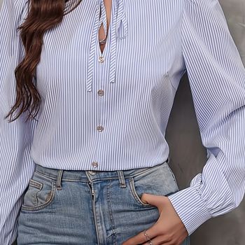 Camisa Estampada De Rayas Con Lazo En El Cuello, Camisa Casual De Manga Larga Con Un Solo Botón Para Primavera Y Otoño, Ropa De Mujer