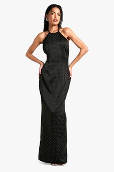 Vestido Maxi De Raso Con Escote Halter Y Estampado Hot Fix, Negro