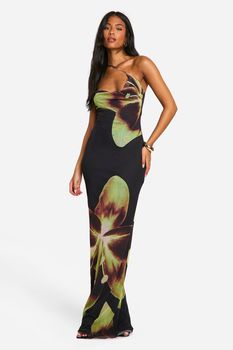 Vestido Tall Maxi Drapeado Asimétrico Con Estampado De Flores, Negro