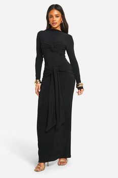 Vestido Maxi Fruncido Con Nudo, Negro