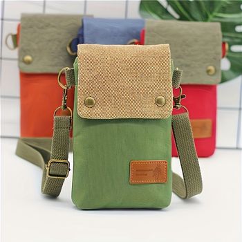 Bolso Retro De Lona Para Teléfono Móvil, Bolso Cruzado Mini Casual, Monedero De Solapa Con Contraste De Colores