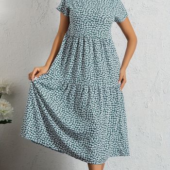 Vestido escalonado con estampado floral, vestido corto de manga corta con cuello redondo para vacaciones, ropa de mujer