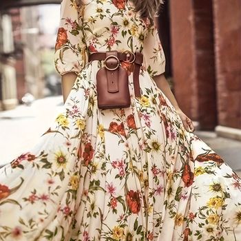 Vestido De Línea A Con Estampado Floral, Elegante Vestido De Cuello Redondo Y Manga Media Para Primavera Y Verano, Ropa De Mujer