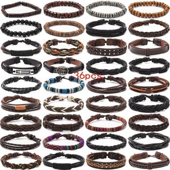 Conjunto de 36 piezas de pulsera ajustable de cuero PU tejida a mano de varias capas para hombres, venta caliente