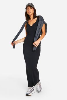 Vestido Maxi Básico De Canalé Con Corte En El Escote, Negro