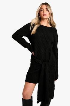 Vestido Mini Oversize De Punto En Ochos Suave Con Atadura, Negro