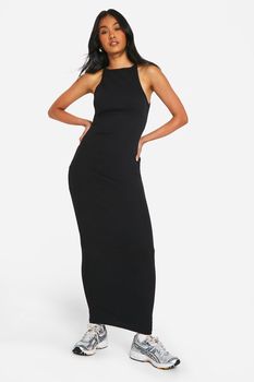 Vestido Maxi Básico De Canalé Con Escote De Nadador, Negro