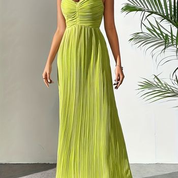 Vestido Halter de cuello en V de color liso, vestido largo cruzado estilo vacacional para primavera y verano, ropa de mujer