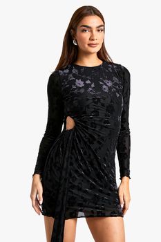 Vestido Mini De Manga Larga Y Tela Devoré Con Abertura, Negro