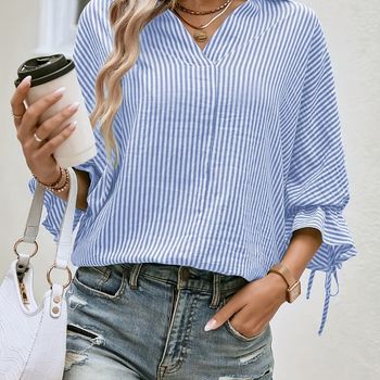 Blusa con cuello en V con estampado de rayas, elegante top con mangas murciélago con lazo y espalda abierta para primavera y verano, ropa de mujer.