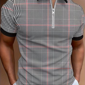 Camisa De Golf De Media Cremallera Con Diseño De Cuadros Para Hombres, Camisa De Manga Corta De Corte Regular, Ropa De Hombre