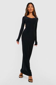 Vestido Maxi Premium Ceñido Grueso De Manga Larga, Negro