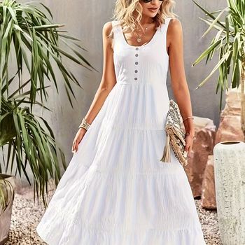 Vestido De Tanque Con Dobladillo Fruncido Y Bolsillo, Vestido Elegante Sin Mangas Para Primavera Y Verano, Ropa De Mujer