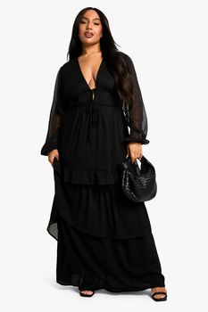 Vestido Plus Maxi Holgado Escalonado Con Volante, Negro