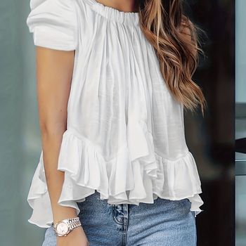 Top de cuello redondo con dobladillo fruncido y volantes, top casual de manga abullonada para primavera y verano, ropa de mujer