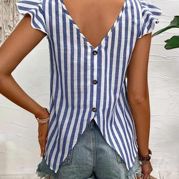 Blusa de cuello redondo estampada a rayas, Blusa elegante de manga abullonada con botones en la espalda para primavera y verano, Ropa de mujer