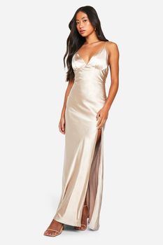 Vestido Maxi Para Dama De Honor De Raso Con Tirantes, Tan