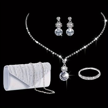 Elegante bolso de noche de diamantes de imitación, bolso de mano con purpurina para cenas, juego de 4 piezas con pendientes, collar y pulsera brillantes para el Carnaval y festivales de música.