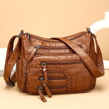 Bolso De Hombro De Cuero Suave PU Para Mujer, Con Trenzado Decorativo, Moda Retro, Múltiples Bolsillos Con Cremallera