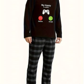 Conjuntos de pijamas casuales para hombres, camiseta de manga larga con cuello redondo y pantalones holgados a cuadros con cintura elástica, ropa de salón para el hogar, para primavera y otoño