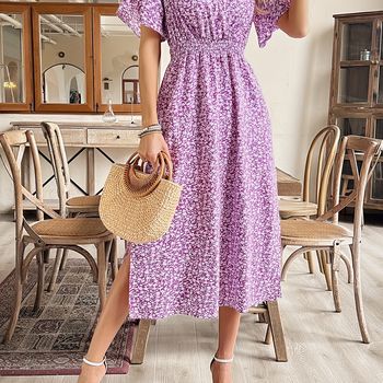 Vestido Estampado Floral Con Escote En V, Elegante Vestido Con Mangas De Volantes Y Cintura Fruncida Para Primavera Y Verano, Ropa De Mujer