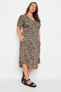 Yours Vestido Midaxi Marrón Leopardo Con Mangas Fruncidas, Mujer Curvy Y Tallas Grandes, Yours