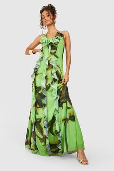 Vestido Maxi De Chifón Estampado Con Volante, Verde