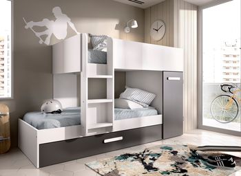 Cama tren con armario tana blanco y gris 242x111x150 cm